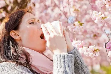 Allergie und Heuschnupfen: Frau nießt unter blühenden Bäumen