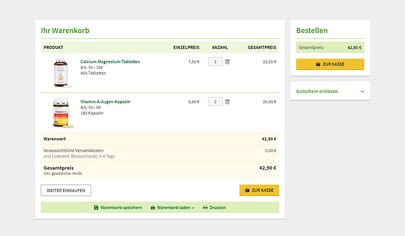 Auf der Warenkorb-Seite können Sie den Bestellvorgang starten.