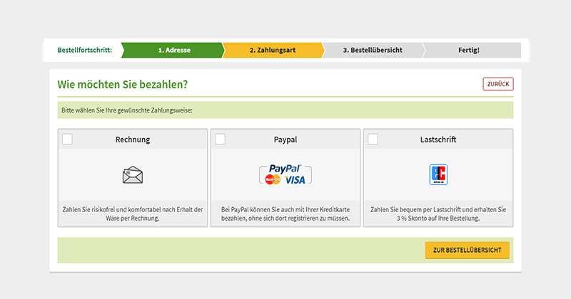 Zahlen Sie per Rechnung, PayPal/Kreditkarte oder Lastschrift