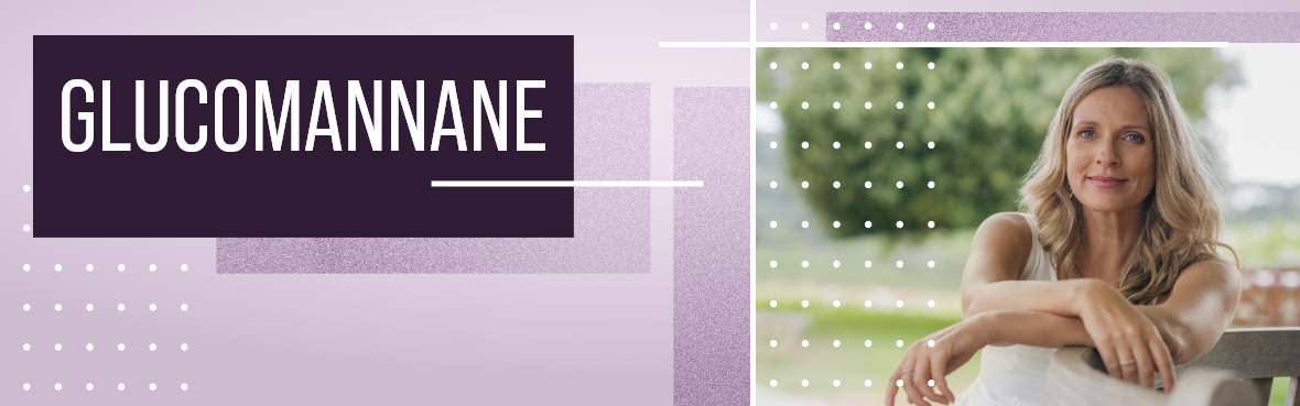 Eine blonde Frau schaut in die Kamera. Der Hintergrund ist lila. Mit weißer Schrift steht dort Glucomannane.