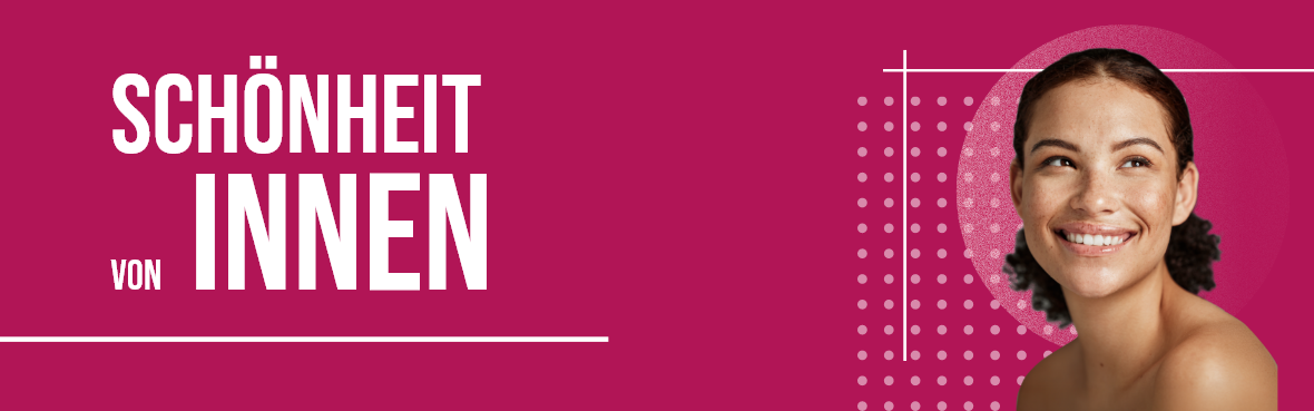 Eine junge Frau mit strahlender Haut. Der Text 