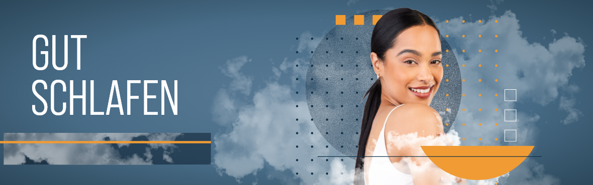 Eine junge Frau lächelt entspannt über die Schulter. Der Text 