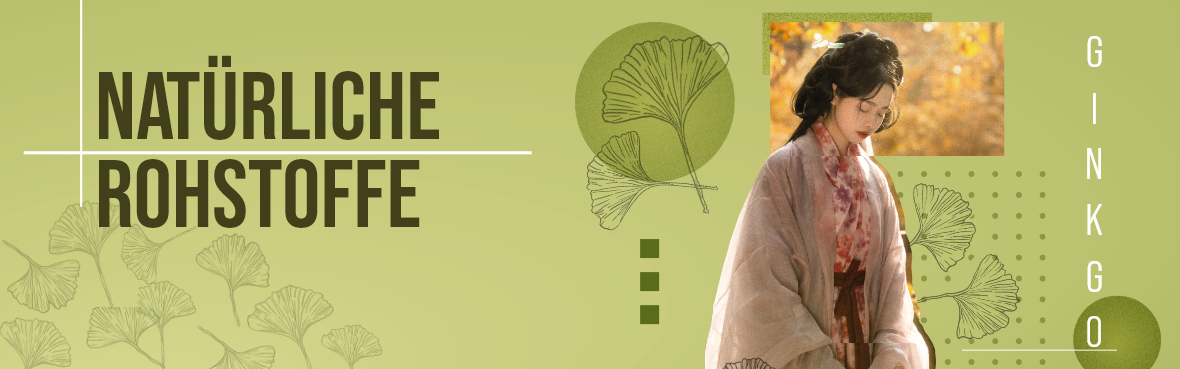 Ein asiatisch traditionell gekleidete Frau vor einem grünen Hintergrund. Natürliche Rohstoffe steht auf dem Bild.