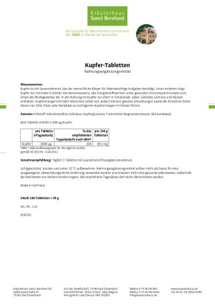 Kupfer-Tabletten 180 Tabletten