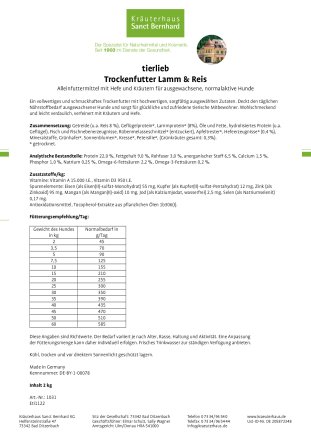tierlieb Trockenfutter Lamm &amp; Reis 2 kg