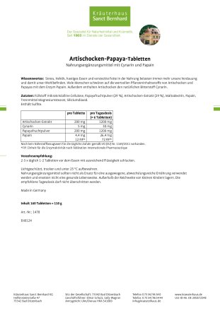 Artischocken-Papaya-Tabletten 160 Tabletten