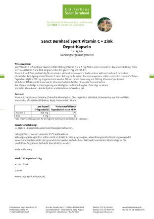 Sanct Bernhard Sport Vitamin C + Zink Depot-Kapseln 180 Kapseln